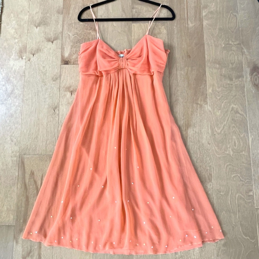 Jonathan Martin Coral Silk Sequin Empire Waist Smocked Back Cocktail Dress 16